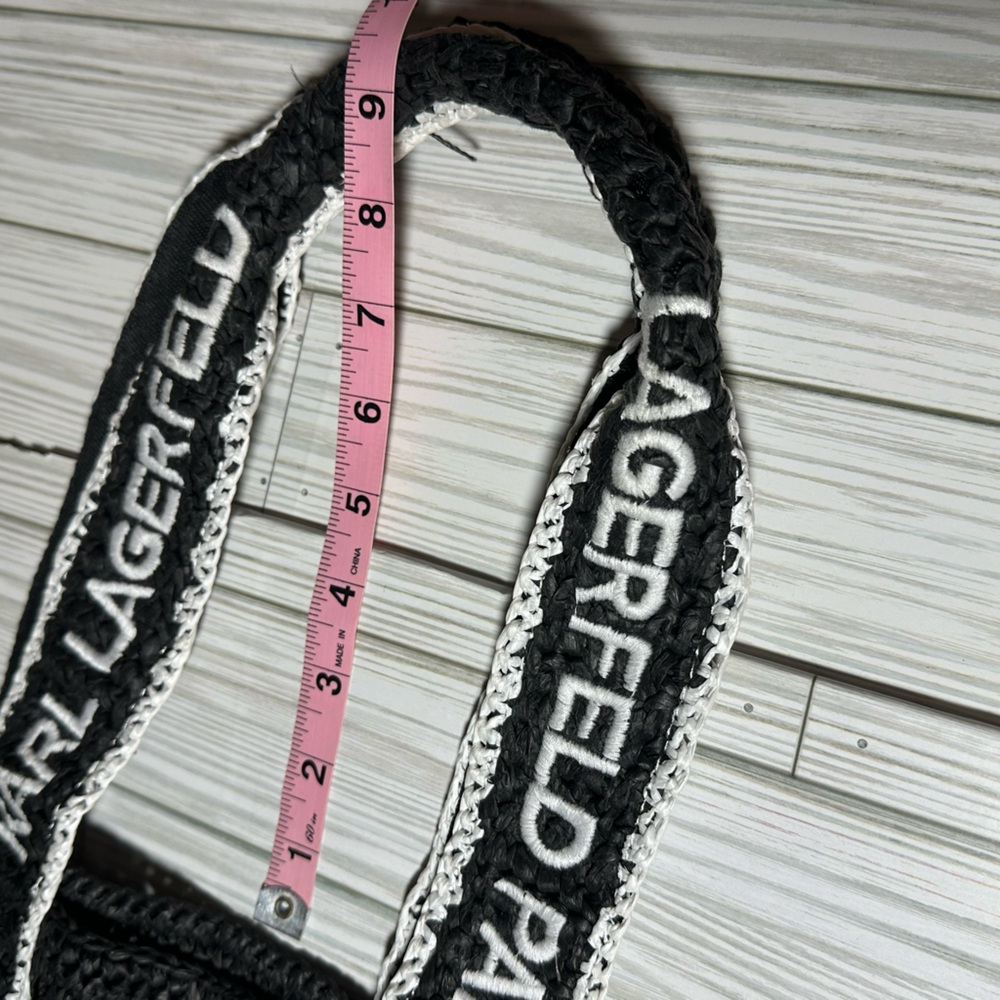 Karl Lagerfeld Paris Antibes Black Woven Straw Tote Bag Logo Straps - Picture 7 of 7